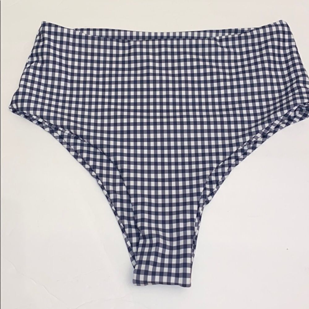 Zaful High Waist Bikini Bottom Navy White Plaid 6
